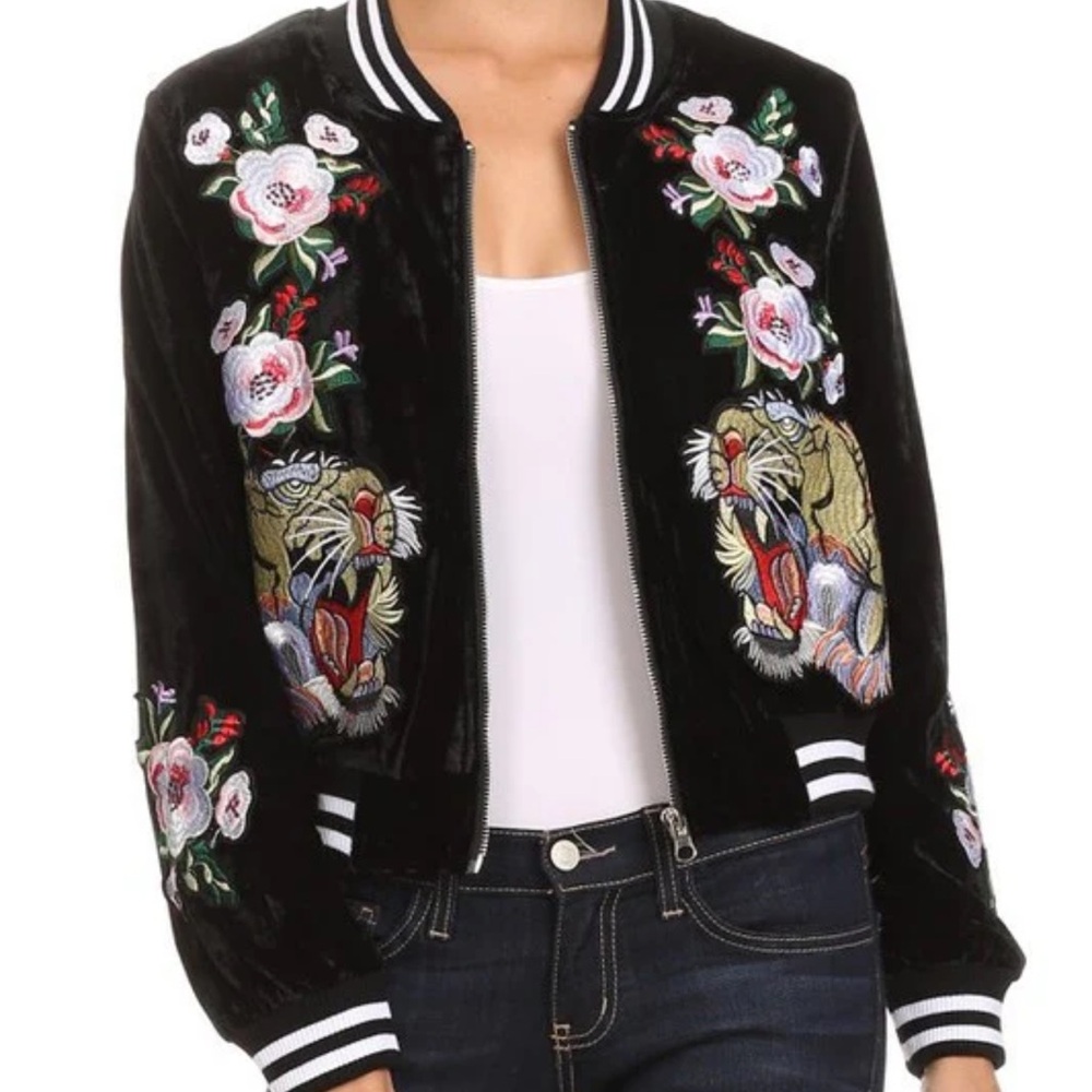 Embroidered Black Velvet Bomber Jacket
